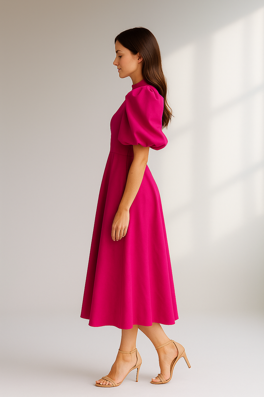 Pink midikjole med høje puffærmer og elegant a-form