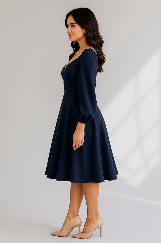 Marineblå midikjole med lange ærmer og slå-om effekt