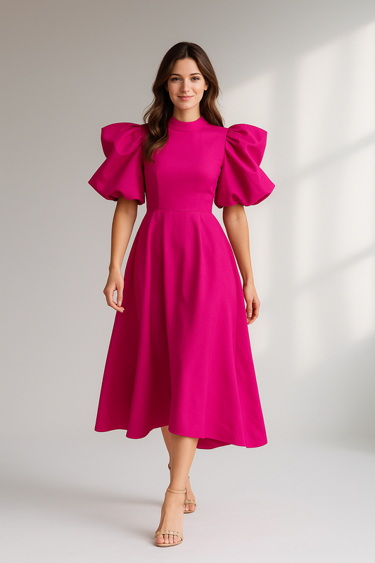 Pink midikjole med høje puffærmer og elegant a-form