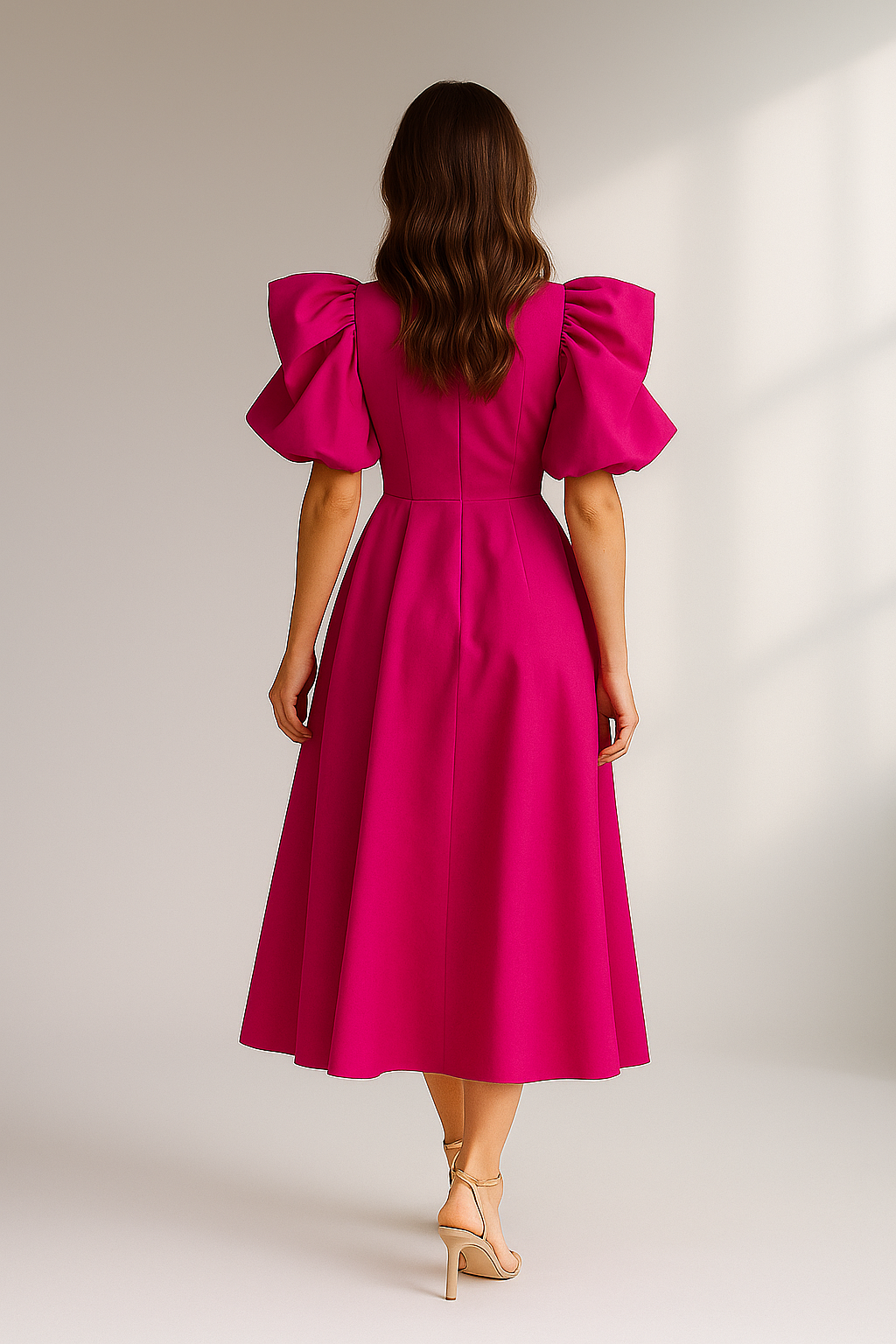 Pink midikjole med høje puffærmer og elegant a-form